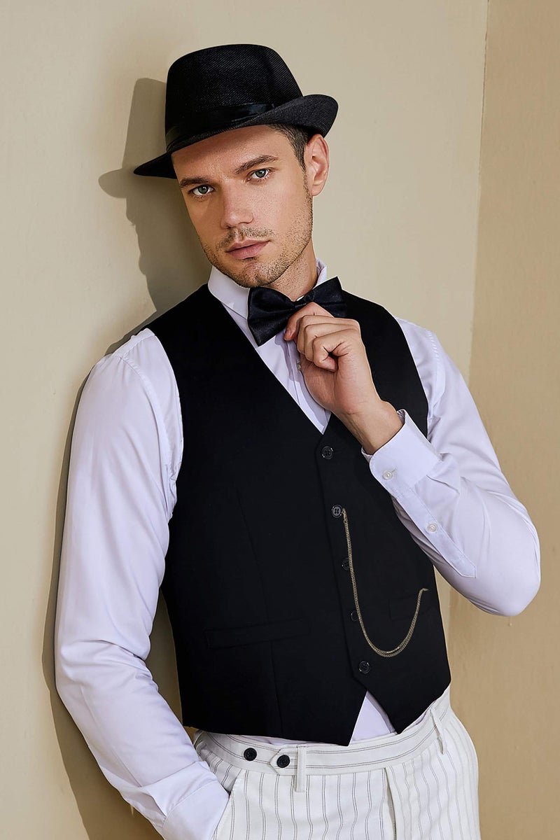 BABEYOND 1920s Mens Costume, Gatsby Gangster Costume Accessories Set For Men, 1920s Mens Outfit with Fedora Hat Vintage Vest Bowtie Pocket Watch Armbands - Image 2